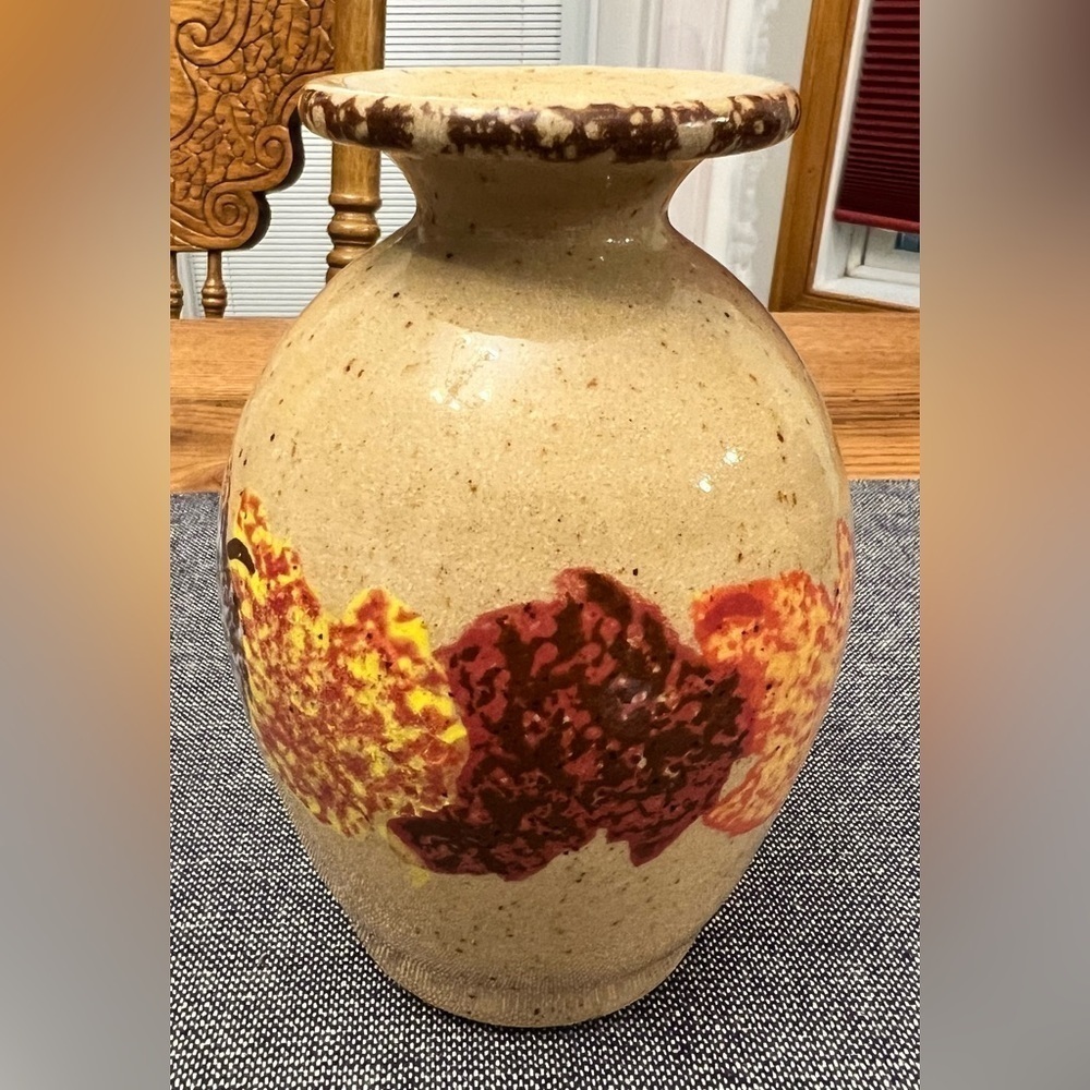 Vintage Three Rivers Pottery Speckled Tan Stoneware & Hand Painted Leaves